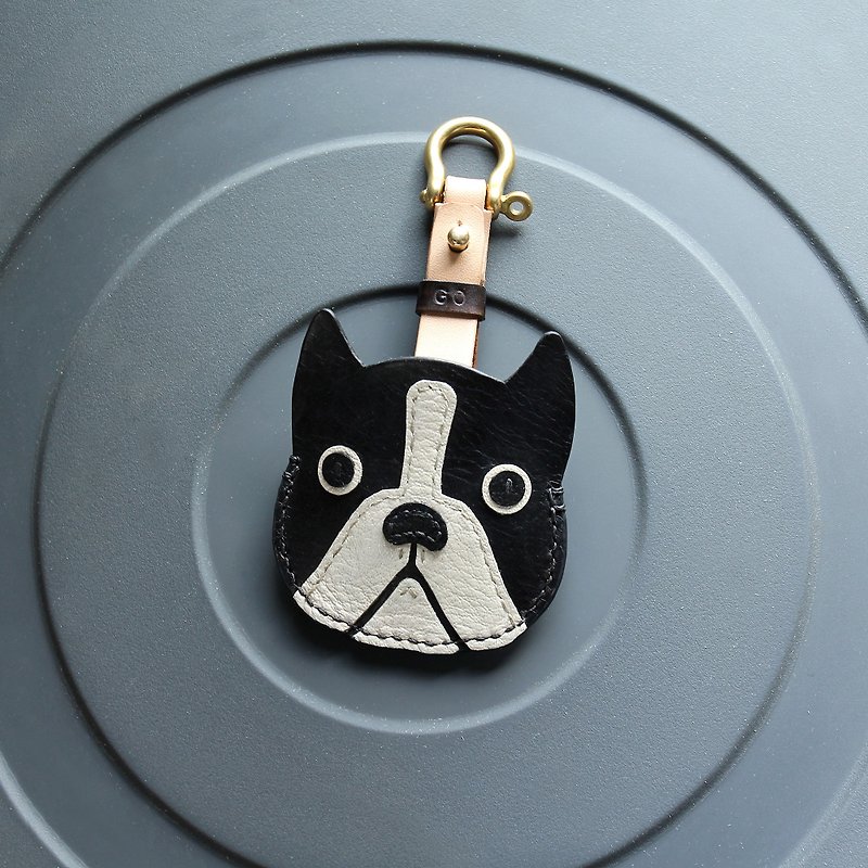 French fighting dog charm handmade leather key holster - ที่ห้อยกุญแจ - หนังแท้ สีดำ