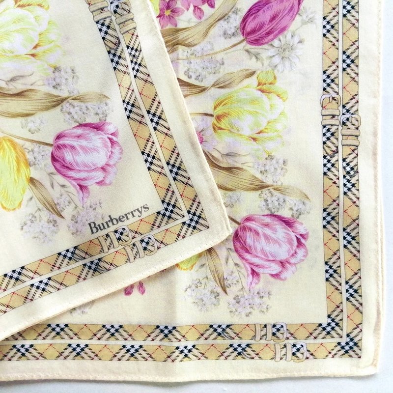 Burberry Vintage Handkerchief Floral Belt 20 x 19.5 inches - 絲巾 - 棉．麻 卡其色