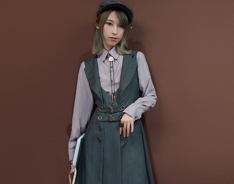 Steampunk Gothic Retro Commuter Suit Collar Waist Sleeveless A-Line Dress - เสื้อสูท/เสื้อคลุมยาว - วัสดุอื่นๆ สีเทา