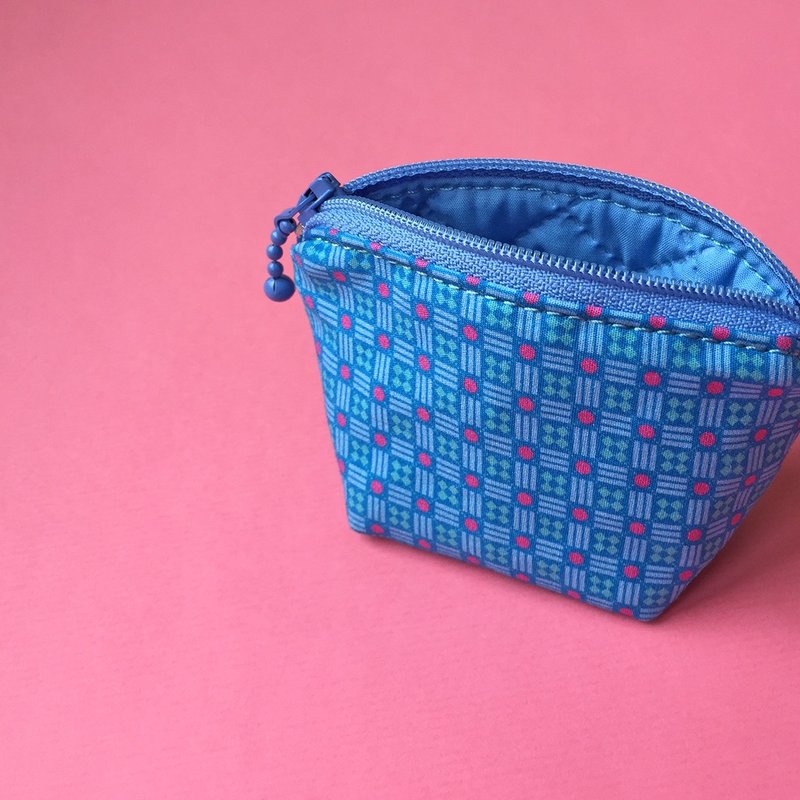 Plaid pattern coin purse - กระเป๋าใส่เหรียญ - ผ้าฝ้าย/ผ้าลินิน สีน้ำเงิน