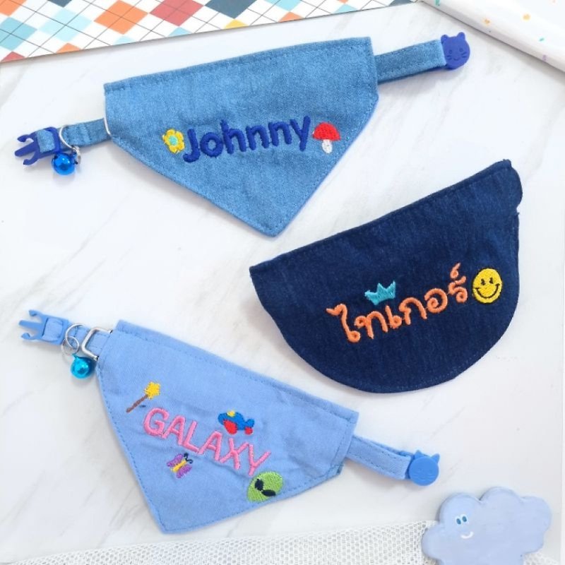 Embroidery name Jean Bandana Cat Collar with Breakaway Safety Buckle - Collars & Leashes - Cotton & Hemp Blue