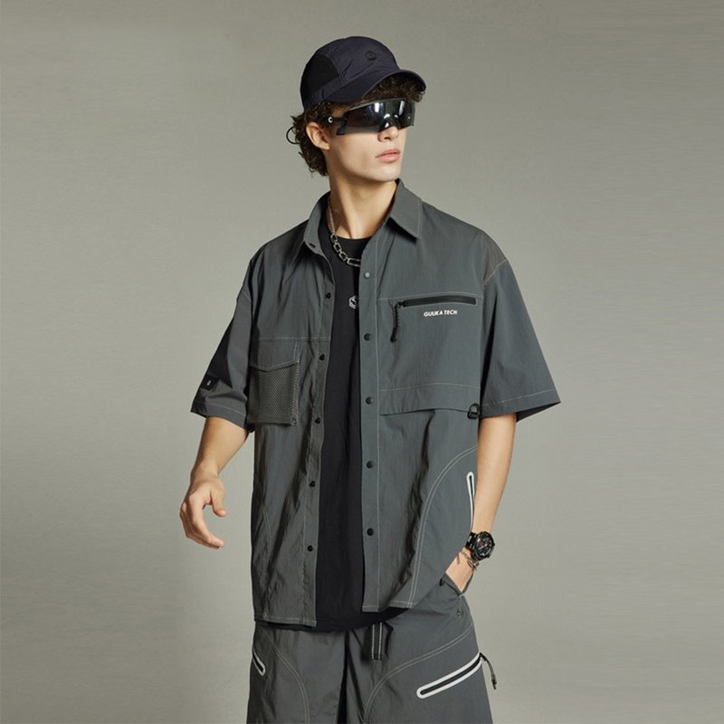 Quick-dry breathable cool short-sleeved shirt overalls casual suit - เสื้อเชิ้ตผู้ชาย - เส้นใยสังเคราะห์ สีเทา