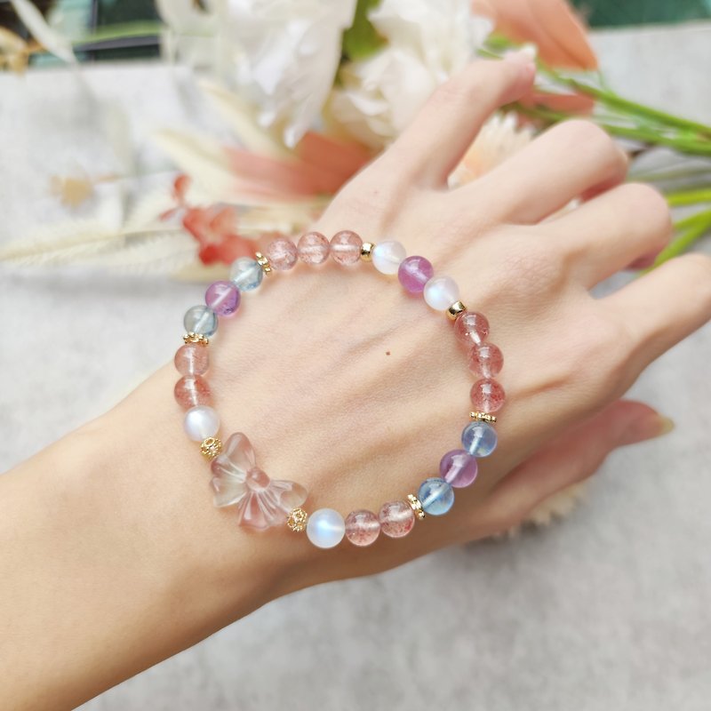 Little girl's bow - strawberry crystal, moonstone, Stone, high ice aquamarine, lavender amethyst - Bracelets - Crystal Multicolor