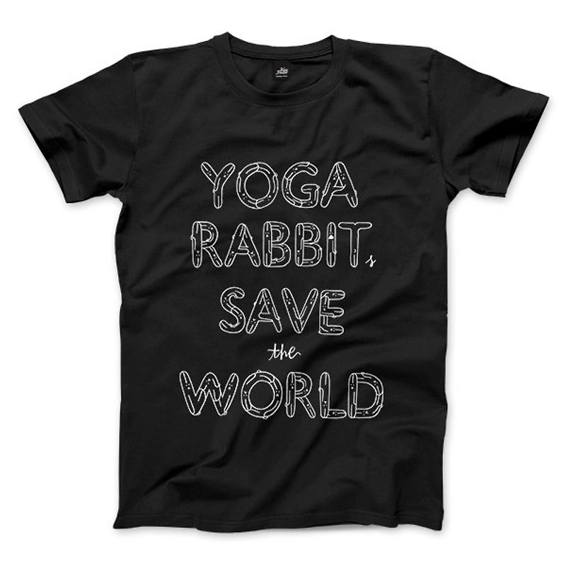 YOGA RABBITS SAVE the WORLD-Black-Unisex T-shirt - เสื้อยืดผู้ชาย - ผ้าฝ้าย/ผ้าลินิน 