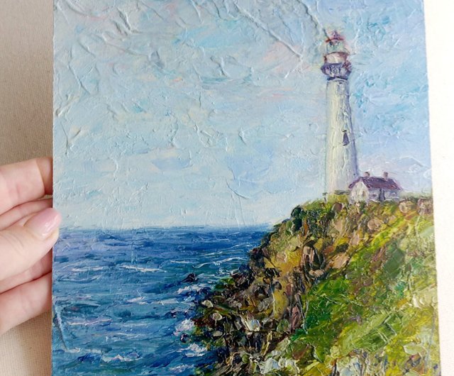 Beautiful vintage pastel seascape lighthouse original authentic oil painting