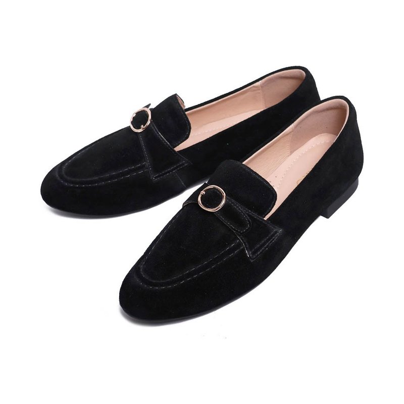 都会的でエレガントな丸バックル 超ソフトQローファー スエードブラック - オックスフォードシューズ - 革 ブラック