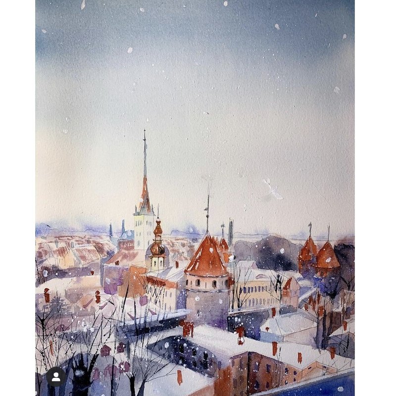 Original Watercolor painting Romantic cityscape while Christmas Artwork - 壁貼/牆壁裝飾 - 紙 多色