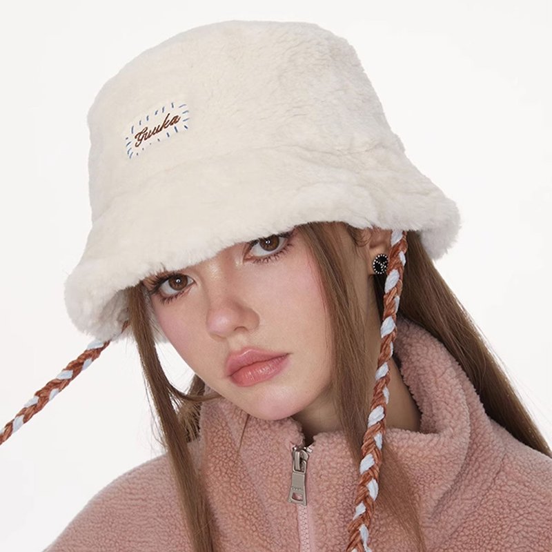 Rice white plush fisherman hat female winter removable braid warm hat - Hats & Caps - Cotton & Hemp 