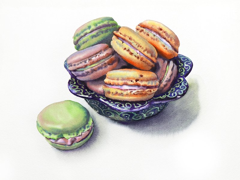 Macaroni cake original watercolor painting by artist Irina Zhunaeva - 壁貼/牆壁裝飾 - 紙 多色