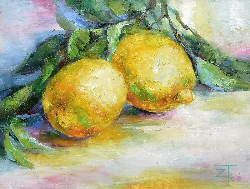 Painting Original Art Lemons Oil Painting Wall Art on Canvas 18x 24 cm. - Wall Décor - Cotton & Hemp 