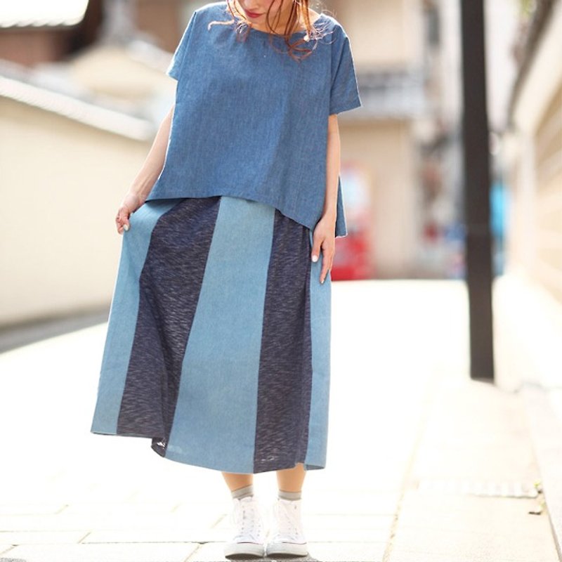 パレット デニム パッチワーク ストライプ スカート - 裙子/長裙 - 棉．麻 藍色