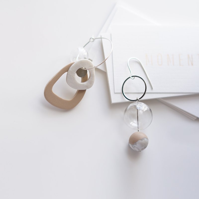 Hailee Original Design Soft Pottery Cream Color Simple Glass Beads 925 Sterling Silver Earrings - ต่างหู - ดินเผา สีกากี