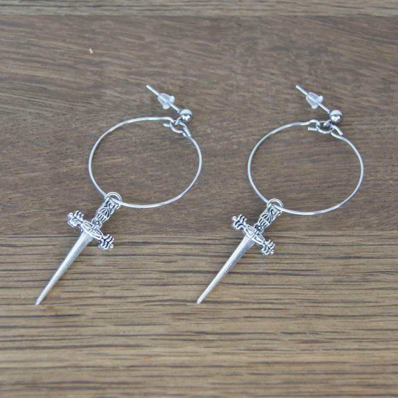 Dangle sword earrings. Gothic dagger earrings for men. Handmade alt earrings - Earrings & Clip-ons - Stainless Steel Silver