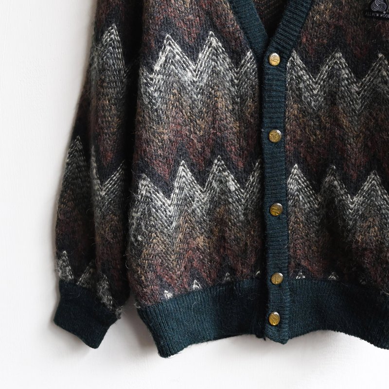 【蛋植物古着】森茶波型精工織りカーディガン古着ウールセーター - ニット・セーター - ウール グリーン