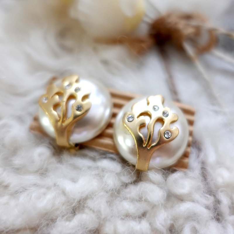 日本中古金色花形配巨型仿珍珠閃石耳夾耳環高級二手古著珠寶首飾 - 耳環/耳夾 - 其他金屬 金色