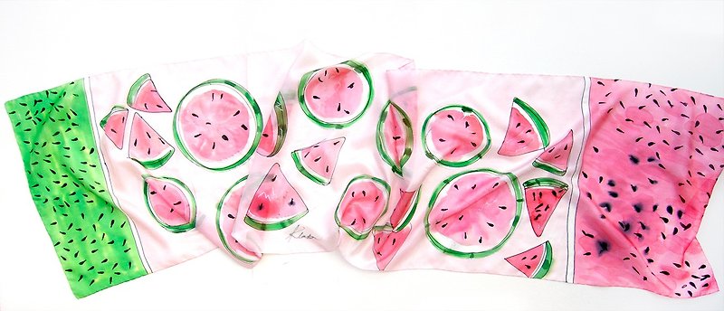 Hand painted silk scarf-Watermelon Juice. - 絲巾 - 絲．絹 粉紅色