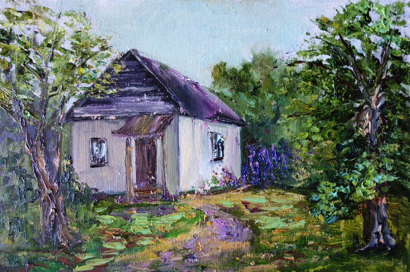 Old Barn Painting Oil  油畫原作 Floral Original Art Wildflowers Impasto - โปสเตอร์ - สี หลากหลายสี