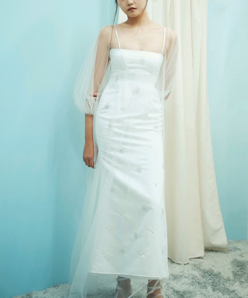 Love Philosophy Bridal Simple Wedding Dress - Long Skirt and Sling Swarovski Beaded Skirt - ชุดเดรส - วัสดุอื่นๆ ขาว