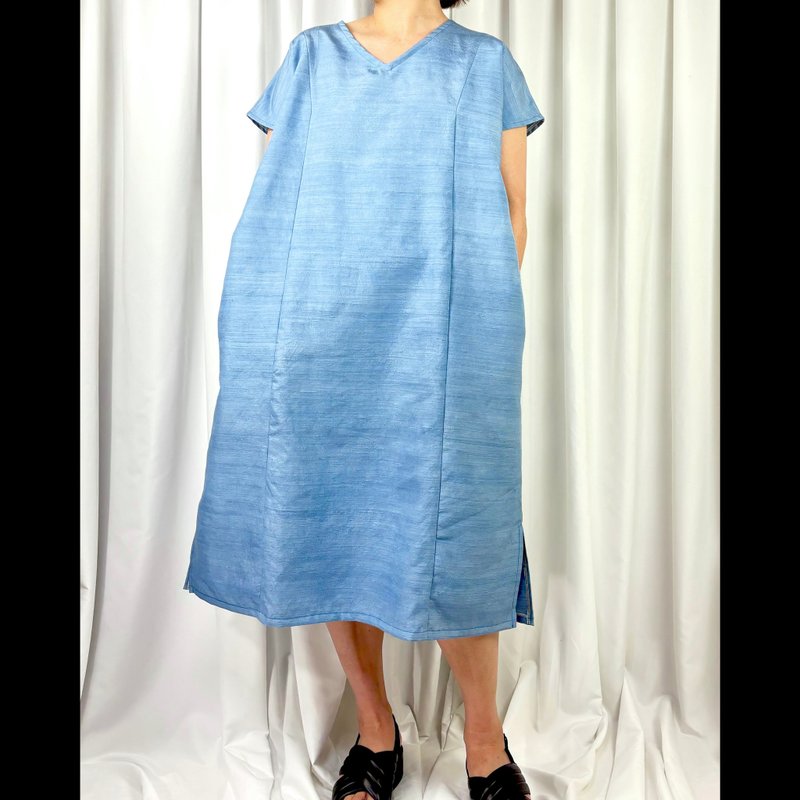 silk || Kimono || dress || V-neck - One Piece Dresses - Silk Blue