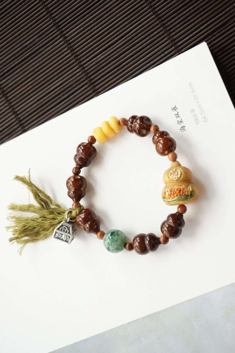 天然紫荊鼠葫蘆跟付手鏈精雕根付錦鯉大順葫蘆稱心如意鎖文玩手鏈 - 手鍊/手環 - 木頭 