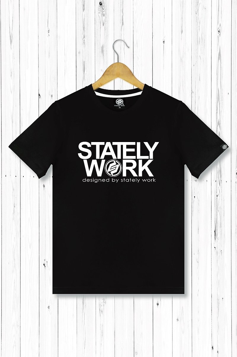 statelywork-LOGO text T-male short T-shirt black, gray and white three colors - เสื้อยืดผู้ชาย - ผ้าฝ้าย/ผ้าลินิน สีดำ