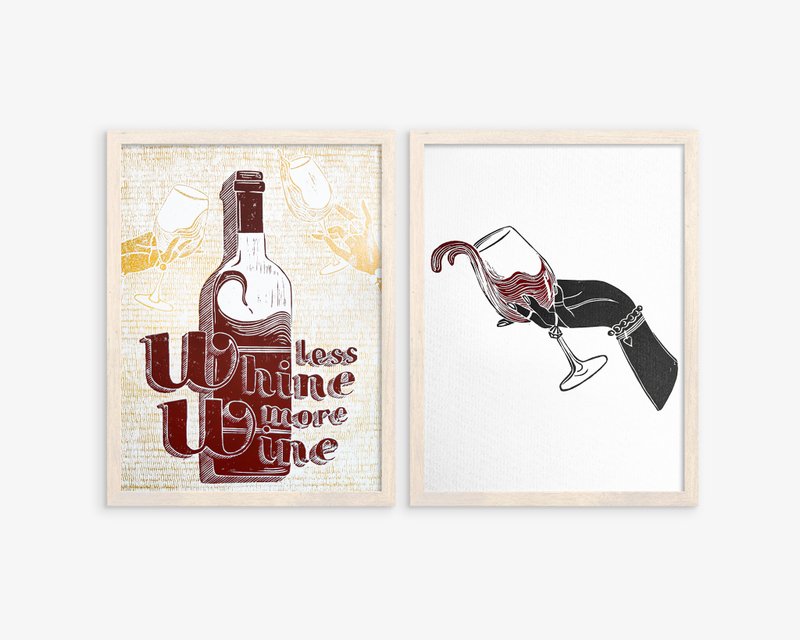 Less whine more wine Linocut print Women hand with glass of red wine wall art - Posters - Paper Gold