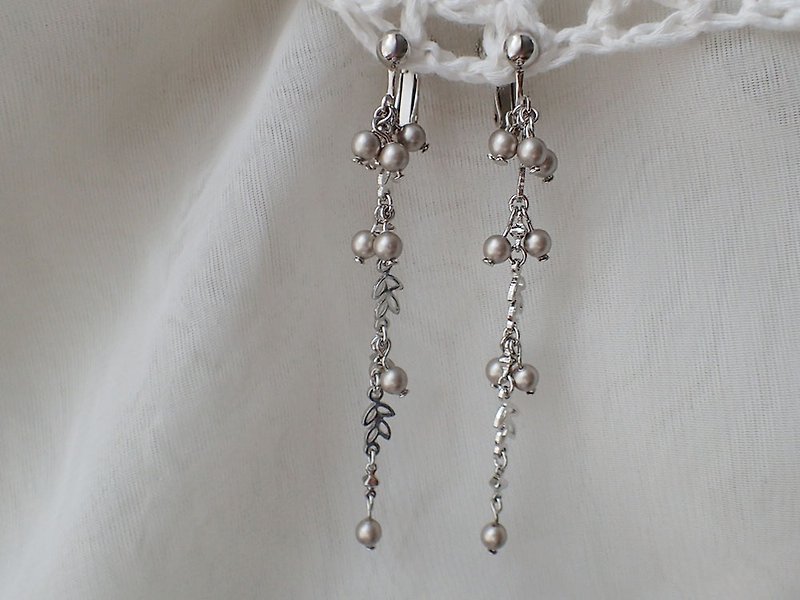 花草風　水晶珍珠　施華洛世奇元素　夾式 耳環 (一對) - 耳環/耳夾 - 玻璃 卡其色