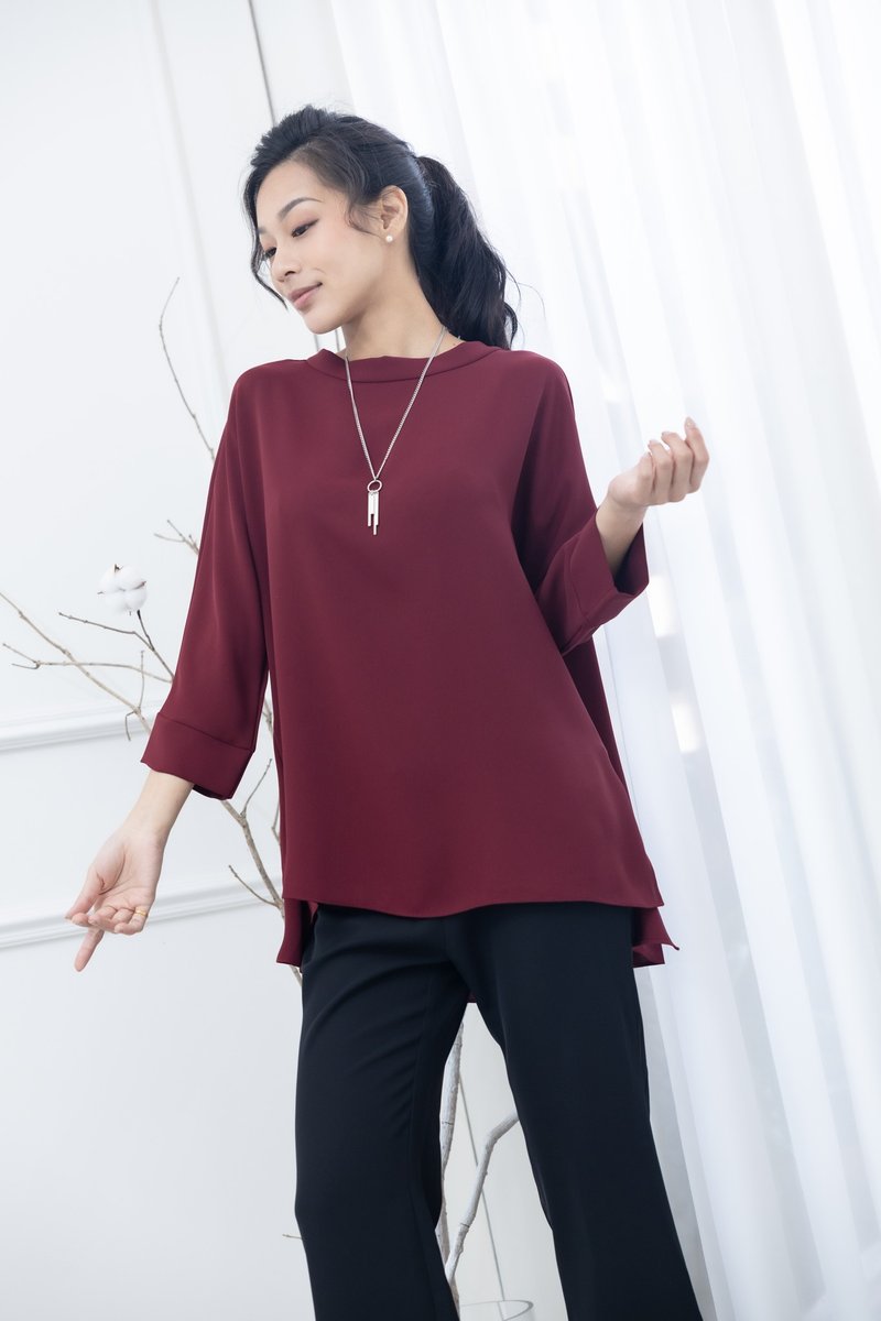 高領前短後長雪紡上衣 棗紅色 - 女上衣/長袖上衣 - 其他材質 紅色