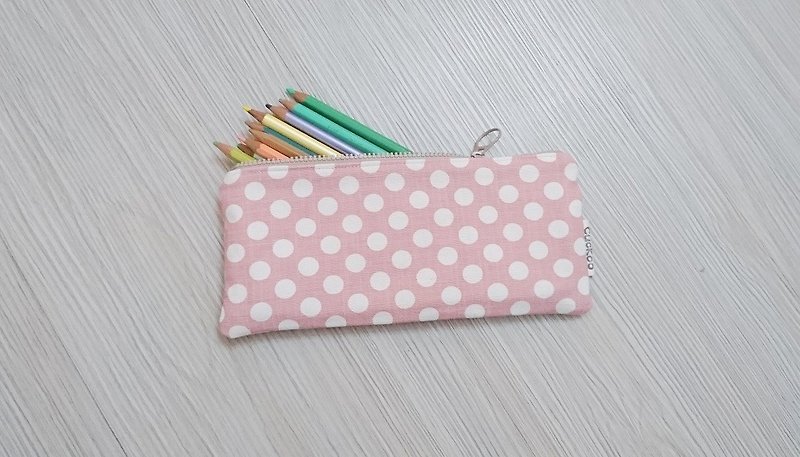 Pencil stationery cotton linen pencil bag tool bag pouch dot pink - Pencil Cases - Cotton & Hemp 