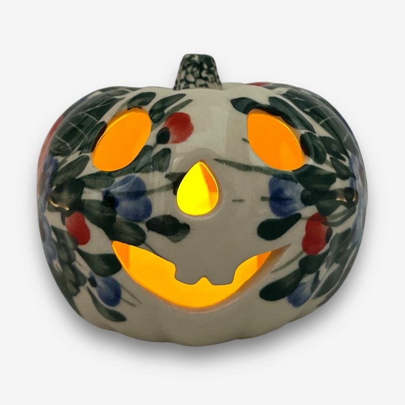 Polish hand-painted handmade pottery-pumpkin shaped candlestick lantern 7cm essential for Halloween - Candles & Candle Holders - Pottery White