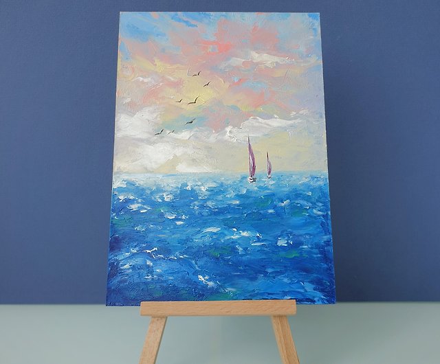 ヨットの絵海景オリジナルアートサンセットウォールアート小さな油絵