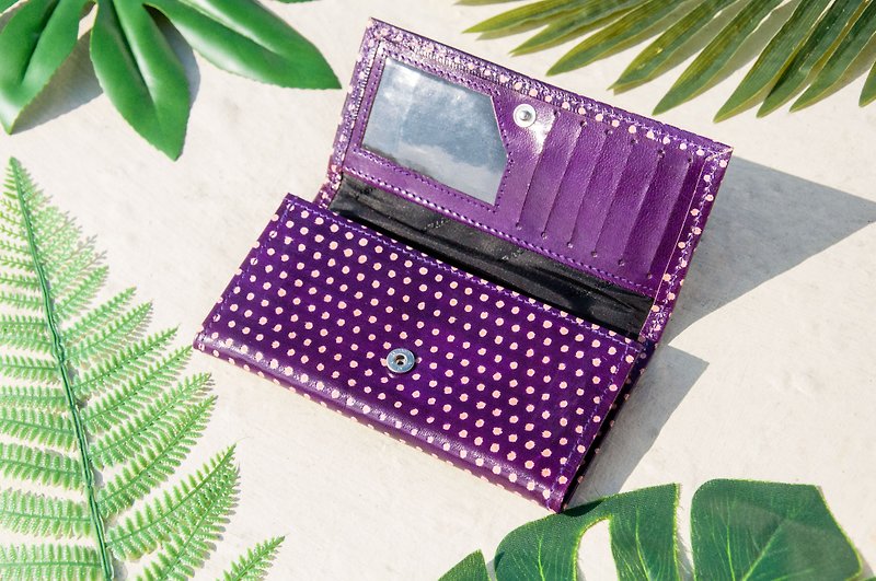 情人節禮物 手工山羊皮夾/手繪日式風格皮革錢包/長皮夾-紫色點點 - 銀包 - 真皮 紫色