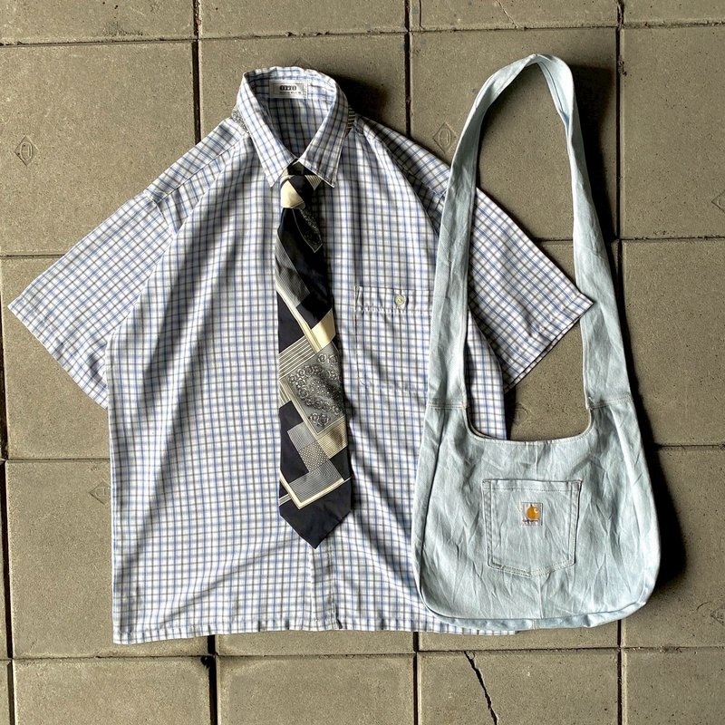 --兩光師古著--紗質格紋襯衫、領帶、馬鞍包 - 男襯衫/休閒襯衫 - 其他材質 藍色