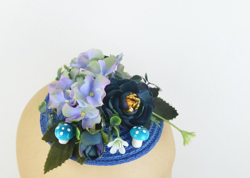 Headpiece with Deep Blue Silk Flowers and Cute Mushrooms Floral Crown Wedding - Hair Accessories - Other Materials Blue