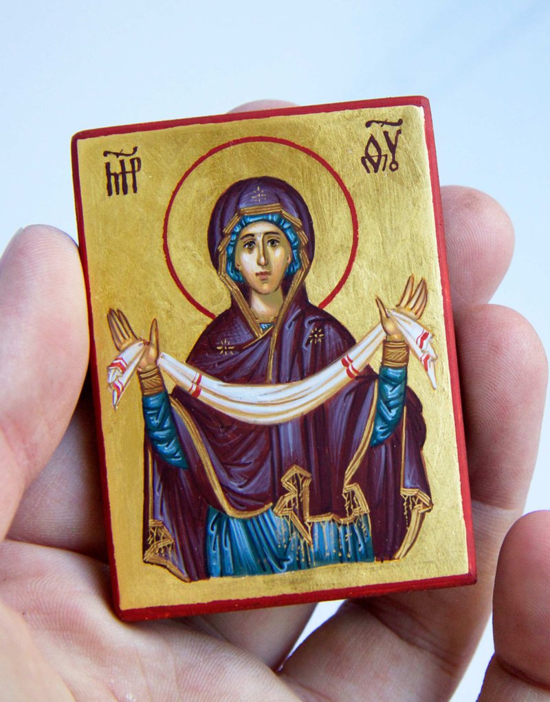 hand painted orthodox christian Virgin Mary icon, miniature religious painting - Other - Wood Red