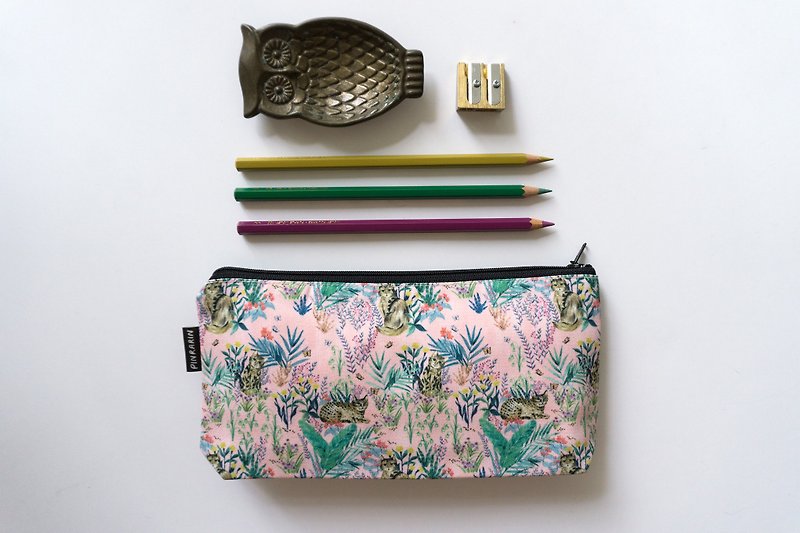 聚酯纖維 鉛筆盒/筆袋 粉紅色 - Cat zipper accessories pouch / Stationery pencil case - Pink