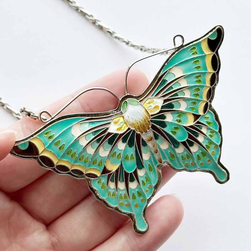 蝶 【Emerald】 七宝焼のブローチネックレス 純銀胎七宝 - 項鍊 - 玻璃 綠色