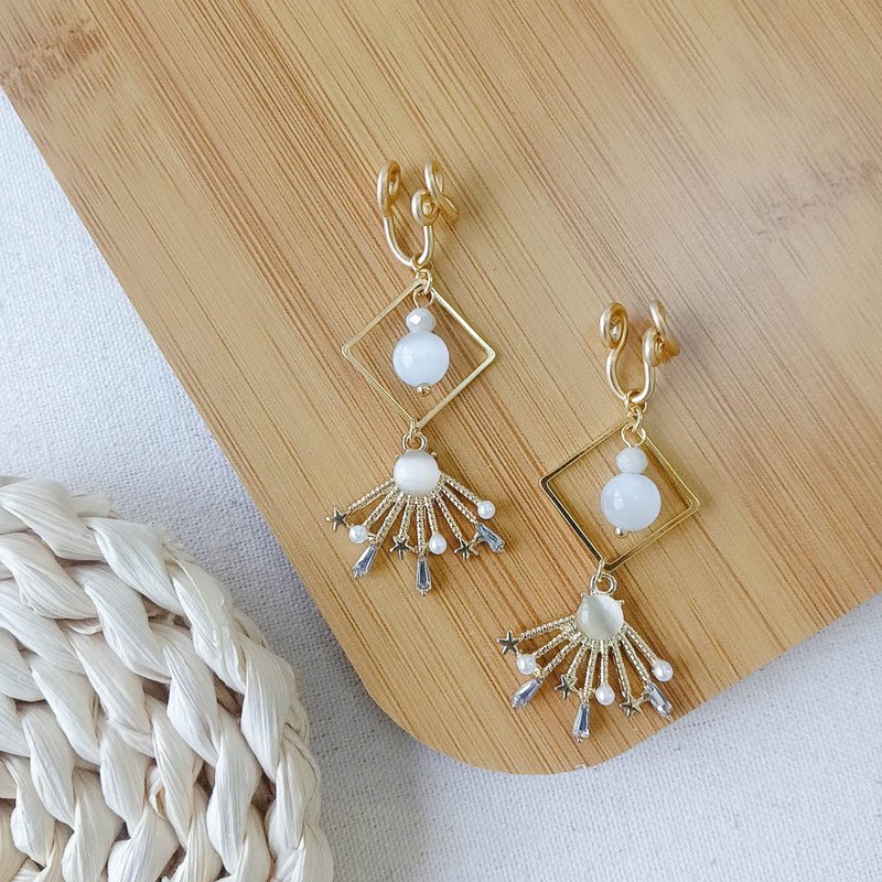 Ear hook/ Clip-On/ geometric flower skirt - Earrings & Clip-ons - Other Metals Gold