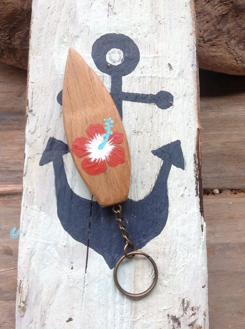 Hibiscus surfboard key ring - walnut / hibiscus red - Keychains - Wood Red