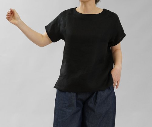 wafu】中厚リネンWガーゼTシャツブラウストップスラグランスリーブ丸首/ ブラックt038a-bck2 wafu linen clothing｜女T  恤人氣榜- Pinkoi