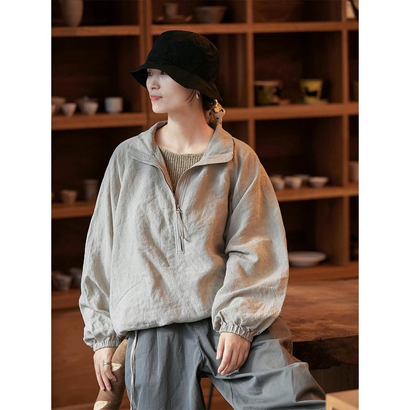 Rain Linen Linen Stand-up Collar Half-Placket Loose Shirt Jacket - Women's Tops - Cotton & Hemp 