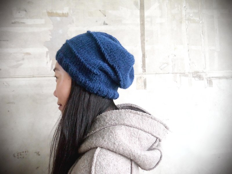 Handmade knitted fur hat ~ dark blue minimalist hat (for both men and women) - Hats & Caps - Wool Blue