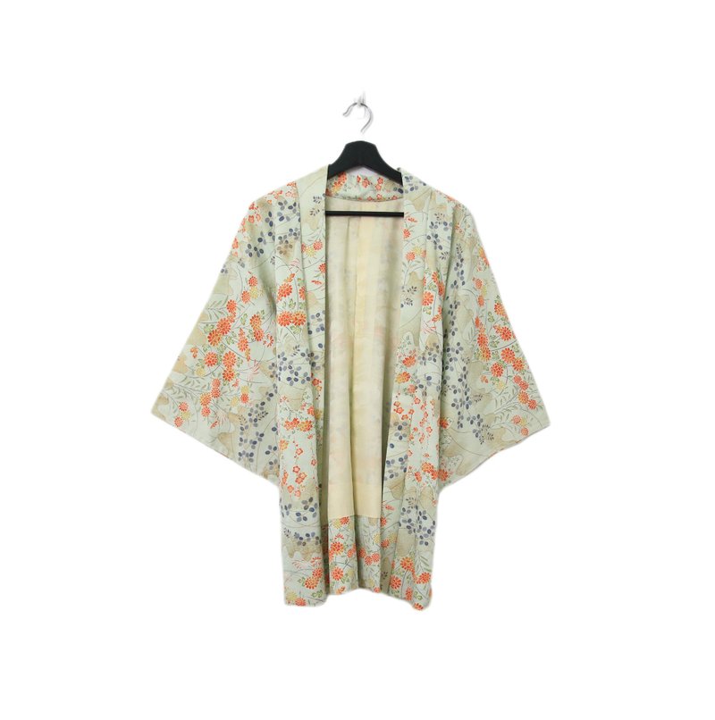 Back to Green-日本帶回羽織 花朵綻放 青綠kb-70/vintage kimono - 女大衣/外套 - 絲．絹 