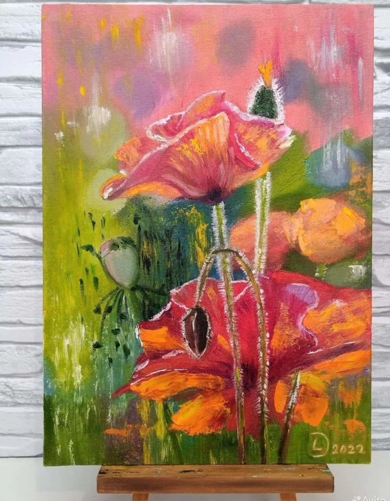 Red Poppies Painting Original Art Flowers Art Oil Painting on Canvas - 海報/掛畫/掛布 - 棉．麻 紅色