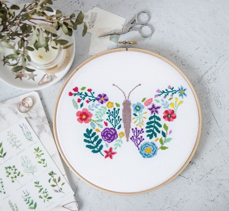 Floral Butterfly Cross Stitch PDF Pattern 十字繡 - 編織/刺繡/羊毛氈/縫紉 - 其他材質 