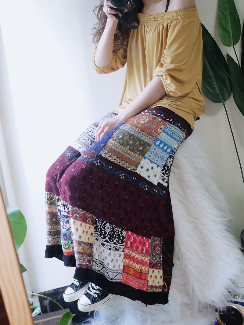 Kagoshima color totem patchwork summer antique cotton wrinkle skirt A word skirt dress vintage - Skirts - Cotton & Hemp Multicolor