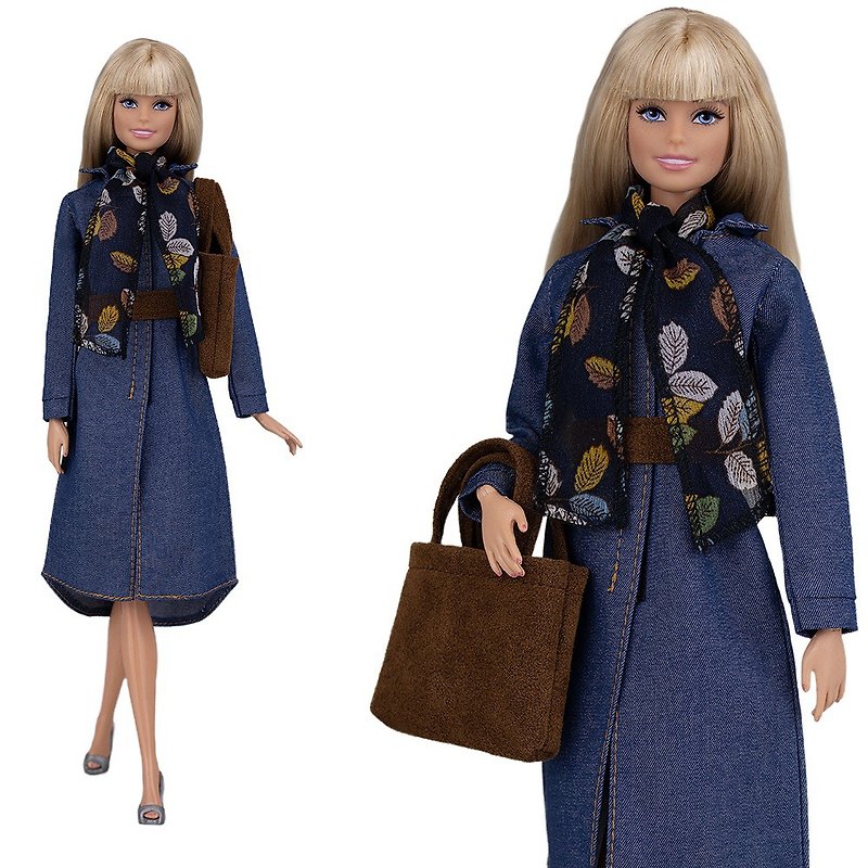 ELENPRIV Denim dress +scarf + bag outfit for Barbie doll 30cm 11 1/2 in. dolls - ของเล่นเด็ก - เส้นใยสังเคราะห์ สีน้ำเงิน