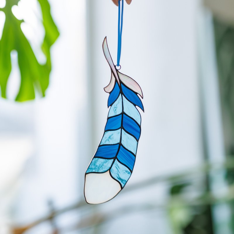 Stained Glass Suncatcher Blue Jay Feather Window Hanging - Nature's Gift - Items for Display - Glass Blue