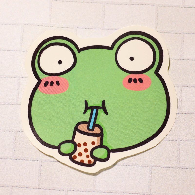 [Frog Frog Series] Frog drinking bubble tea/waterproof sticker - Stickers - Paper Green