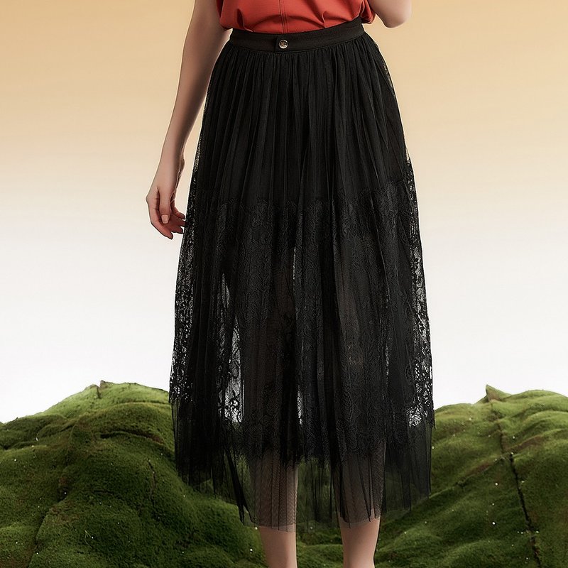 OUWEY Ouwei romantic personality style double-layer lace mesh see-through knee skirt (black) 3232438214 - กระโปรง - ไนลอน 